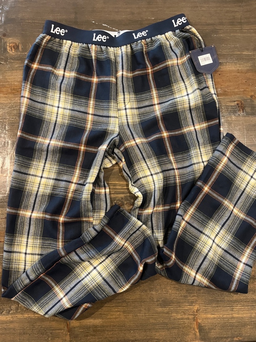 Lee Men’s Navy Plaid Jogger Sweatpants with Yellow & Brown Accents